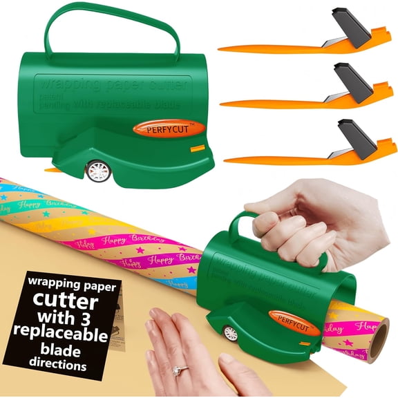 Wrapping Paper Roll Cutter Tool with 3 pcs Replaceable Blade Kit Gift for Chrisas and Birthday Wrap Holder Tube Slicing Trimming.