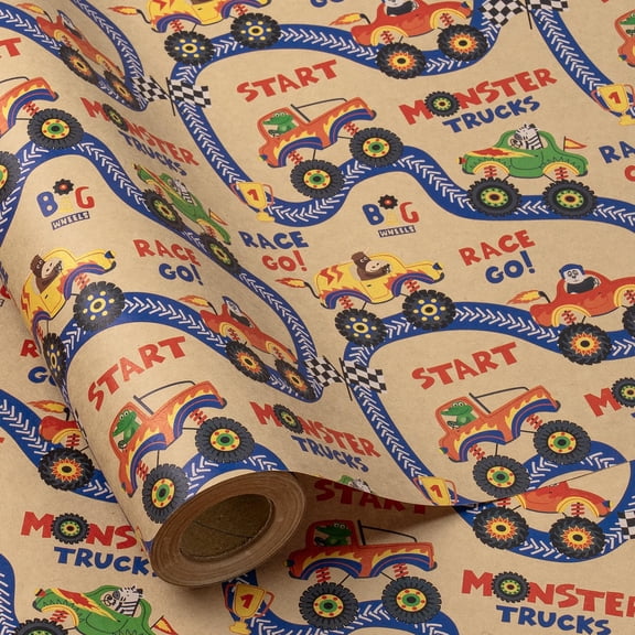 Wrapping Paper Roll, Mini Roll, Blue Truck and HAPPY BIRTHDAY Text Design Kraft Wrap Paper Great for Boys Birthday, Truck Party and More - 17 Inches X 16.4 Feet