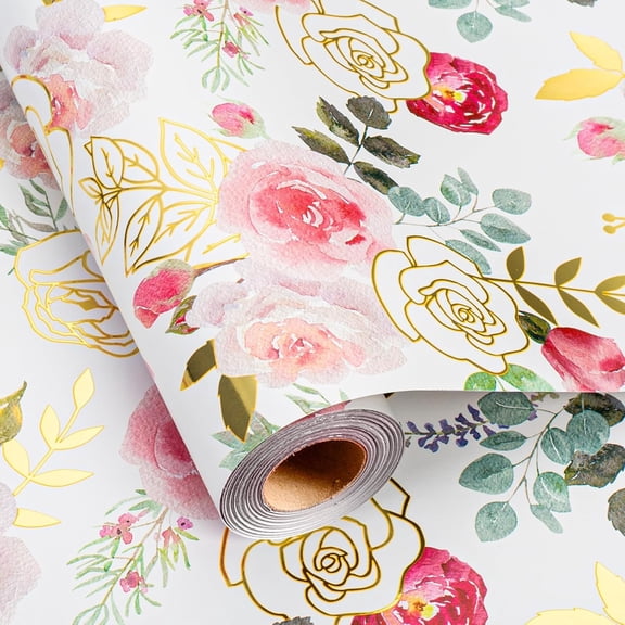 Wrapping Paper Roll with Watercolor Roses - 17 In x 32.8 Ft (46.5 sqft) Foil Floral Gift Wrap with Matte Gold Reverse for Mothers Day, Wedding, Birthday, Bridal Shower, Valentines Day