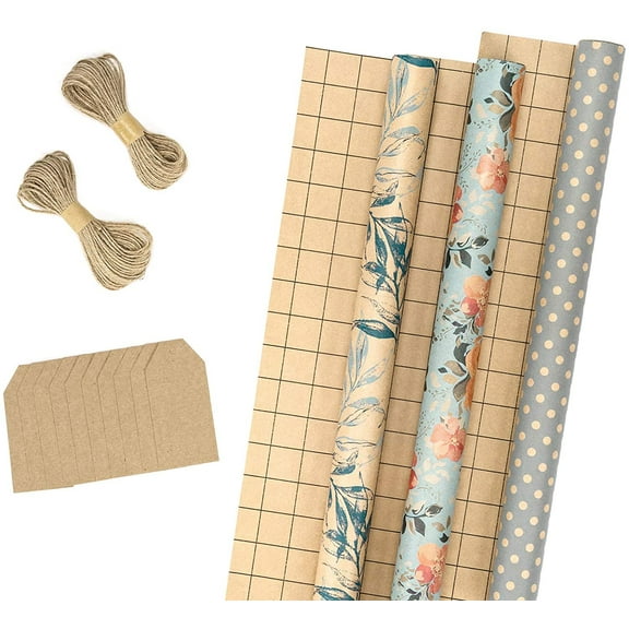 Wrapping Paper Rolls with Tags, Jute String - 17 inches x 10 feet per Roll, Total of 3 Rolls, Spring