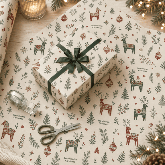 Wrapping Paper Scandinavian Christmas Red Cream and Pine Green Gift Wrap for Holiday Gifting