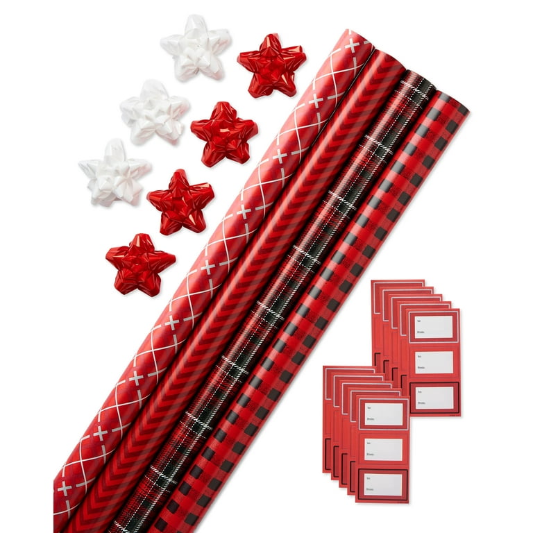 American Greetings Wrapping Paper Set with Cut Lines and Red Patterns (4 Rolls, 7 Bows, 30 Gift Tags, 120 Sq. ft.)