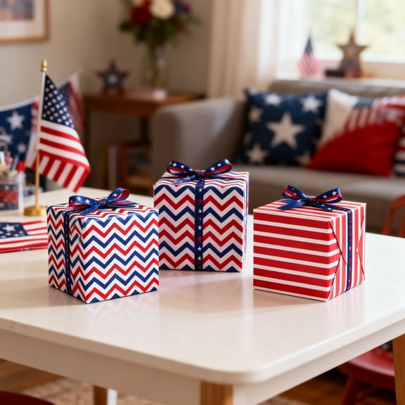 Wrapping Paper Sheets Patriotic 4th of July Independence Day Red White Blue Star Stripe Chevron Gift Wrap Paper for Holiday Party Favors Crafts 6x6 Inch