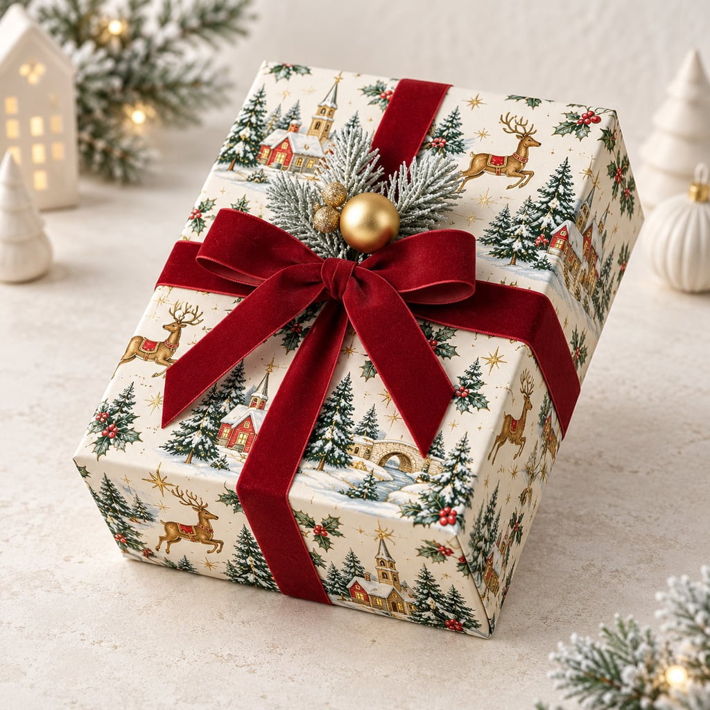 Snowy Pattern Paper Wrapping Paper Snowy Reindeer Village Pattern Gift Wrap for Christmas ...