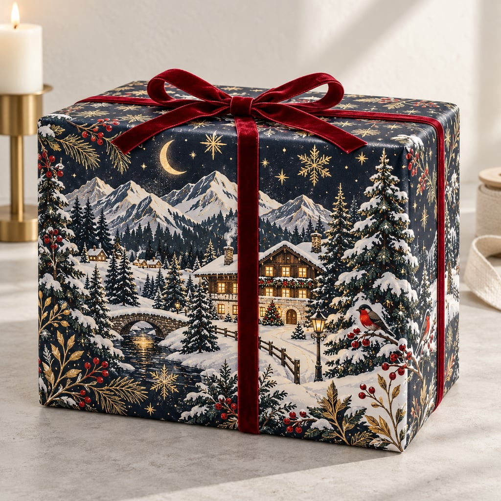 Wrapping Paper Snowy Village Church Scene Paper Gift Wrap Holiday ...