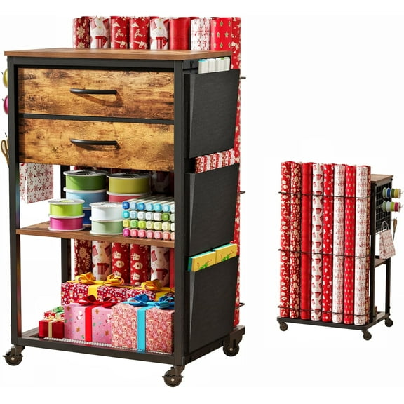 Wrapping Paper Storage Cart with 2 Fabric Drawers,Gift Wrap Station with Ribbon and Gift Bage Storage,Rolling Craft Cart with Wrapping Paper Organizer Holder for Craft Office (Rustic Brown)