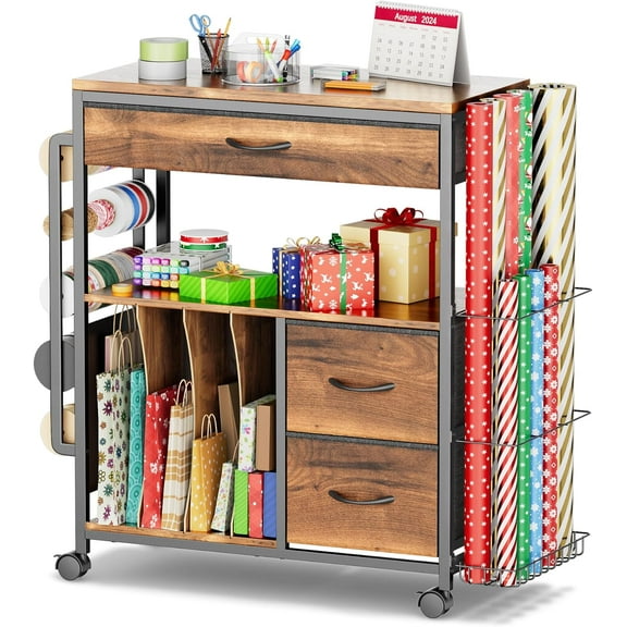 Wrapping Paper Storage Cart, Rolling Gift Wrap Station with Ribbon and Gift Bag Storage, Wrapping Paper Organizer Holder, Craft Organizers and Storage for Christmas, Craft Storage Cart 004