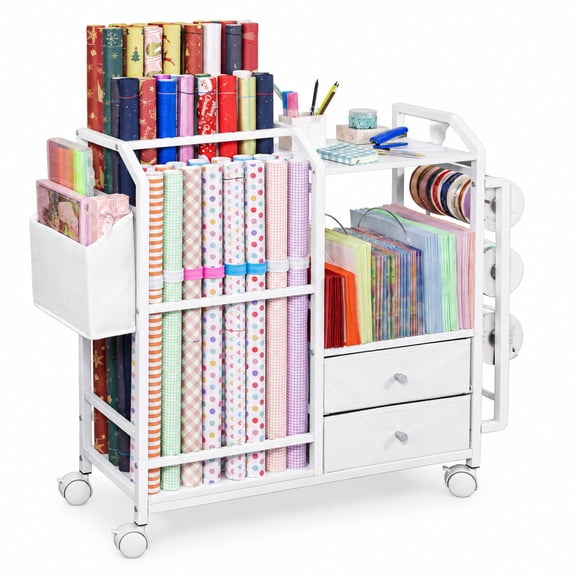 Wrapping Paper Storage Cart with 9 Adjustable Rods, Rolling Gift Wrap Station with Drawer, Ribbon Holder, and Metal Frame