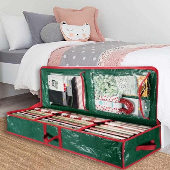 Wrapping Paper Storage Container Under Bed Gift Wrap Organizer,Christmas Storage Bin for Holiday Wrapping Supplies, Ribbons,Bows,Christmas Decorations Organizer with Waterproof Foldable Design