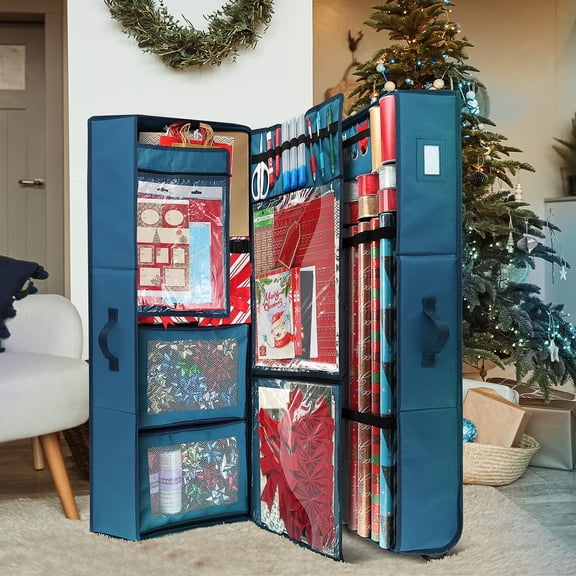 Wrapping Paper Storage Container with Ribbon Dispenser and Interior Pockets - Large Christmas Storage Containers with Wheels, Fits 30 Rolls of 40" Length, Blue
