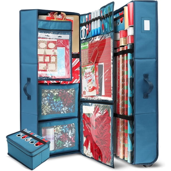 Wrapping Paper Storage Container with Ribbon Dispenser and Interior Pockets - Large Christmas Storage Containers with Wheels, Fits 30 Rolls of 40" Length, Blue