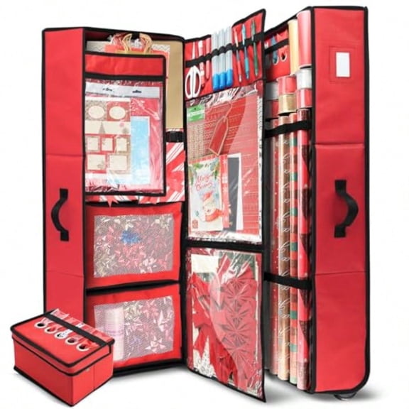 Wrapping Paper Storage Container with Ribbon Dispenser and Interior Pockets - Large Christmas Storage Containers with Wheels Fits 30 Rolls of 40 Length Red