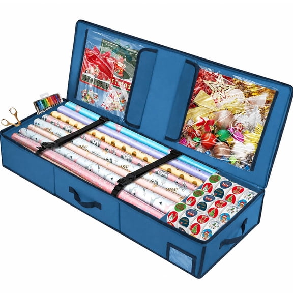 Yexmas Wrapping Paper Storage Containers - Gift Wrap Organizer, Christmas Wrapping Paper & Holiday Accessories Storage Box, Underbed Storage Bag, Large Capacity, Blue