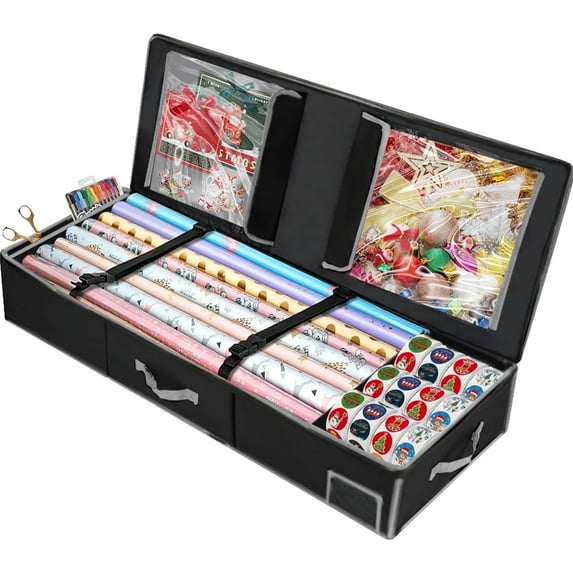 Wrapping Paper Storage Containers - Gift Wrap Organizer, Christmas Wrapping Paper & Holiday Accessories Storage Box, Underbed Storage Bag, Large Capacity, Black