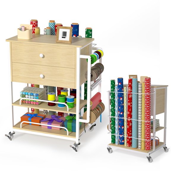 Wrapping Paper Storage & Organizer, Craft Cart with Ribbon & Gift Bag Storage, Wrapping Paper Organizer Holder(2 Wooden Drawers-Oak) VT1
