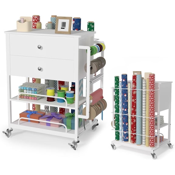 Wrapping Paper Storage & Organizer, Craft Cart with Ribbon & Gift Bag Storage, Wrapping Paper Organizer Holder(2 Wooden Drawers-White)