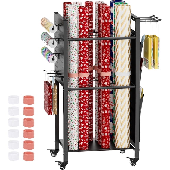 Wrapping Paper Storage Organizer with Wheels,  Wrap Storage Station with Ribbon and  Bag Storage, Rolling Craft Storage Cart with 12 count  Bands, Christmas Decor, Black