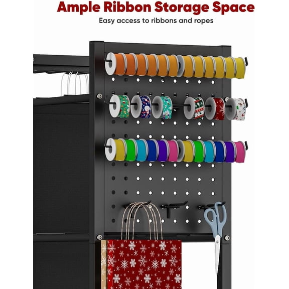 Wrapping Paper Storage Organizer with Wheels, Gift Wrap Station with Ribbon & Bag Holder, Rolling  Cart with 12 Slap Bands, Black