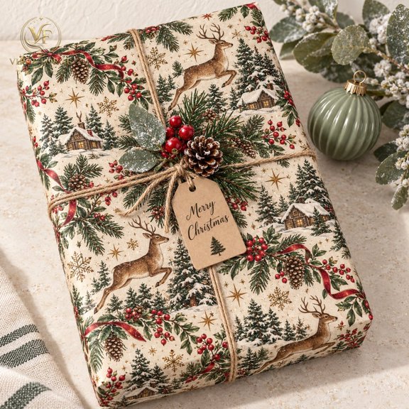Wrapping Paper Vintage Woodland Deer and Pinecone Pattern Paper for Gift Wrapping Christmas