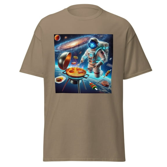 Wraptap Graphic Tees for Men and Women – Astronaut Barbecuing Cool Graphic Tee, Trendy Men and Women Graphic T-shirts (Brown Savana, S)