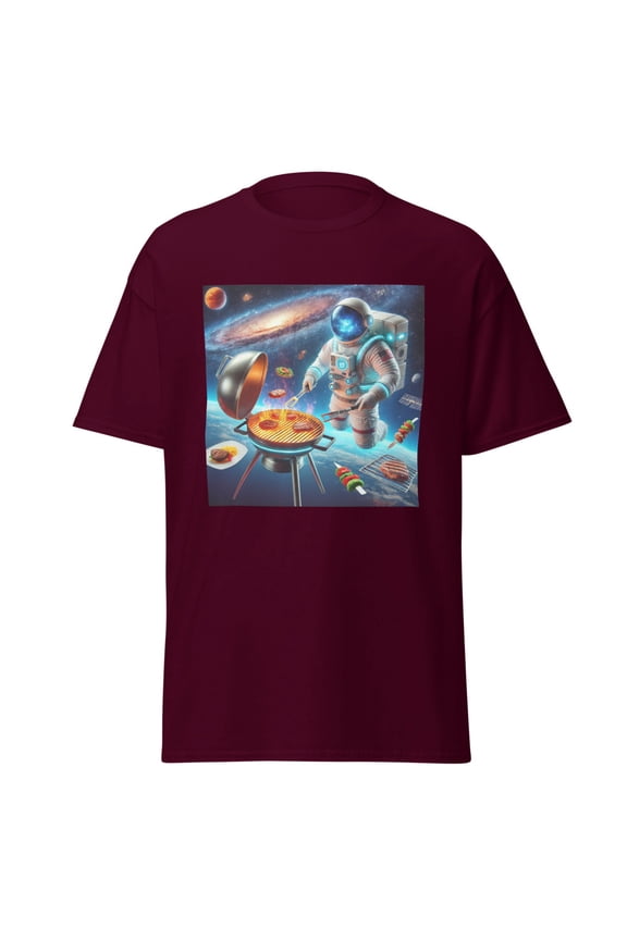 Wraptap Graphic Tees for Men and Women – Astronaut Barbecuing Cool Graphic Tee, Trendy Men and Women Graphic T-shirts (Maroon, XL)