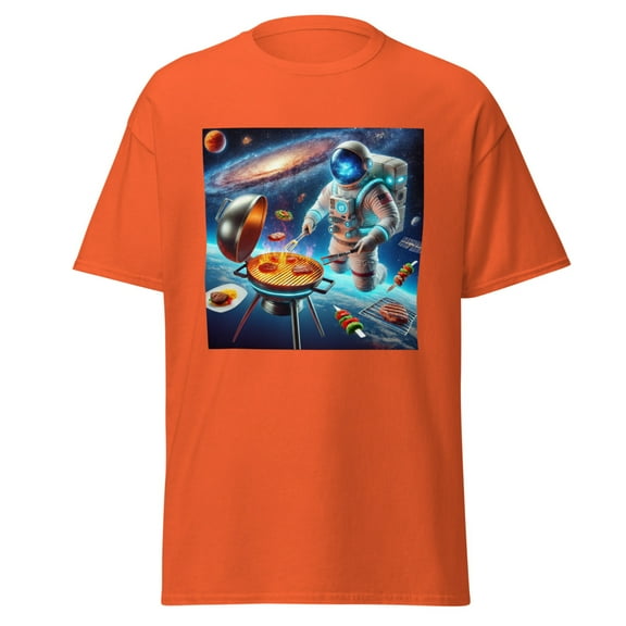 Wraptap Graphic Tees for Men and Women – Astronaut Barbecuing Cool Graphic Tee, Trendy Men and Women Graphic T-shirts (Orange, M)