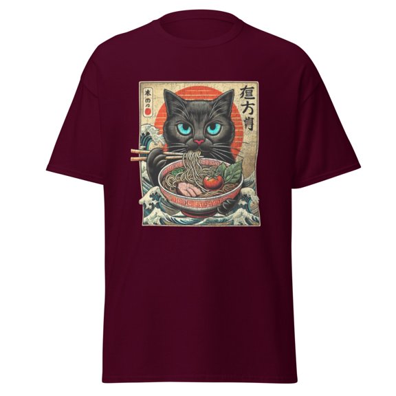 Wraptap Graphic Tees for Men and Women – Cat Ramen Japanese Funny Graphic Tee Shirts, Trendy Men and Women Graphic T-shirts (Maroon, L)
