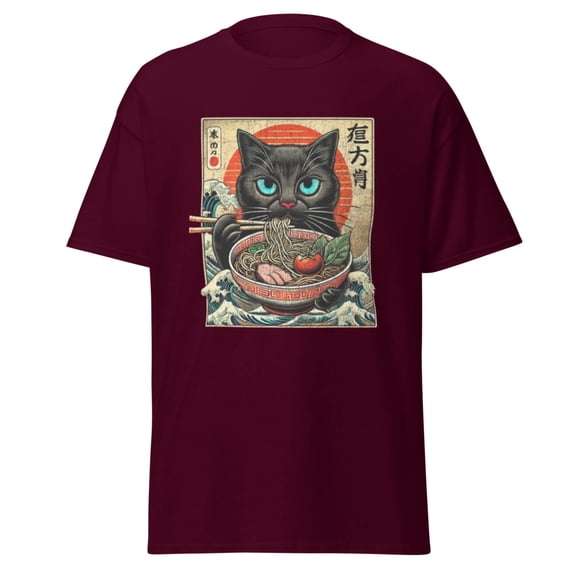 Wraptap Graphic Tees for Men and Women – Cat Ramen Japanese Funny Graphic Tee Shirts, Trendy Men and Women Graphic T-shirts (Maroon, S)