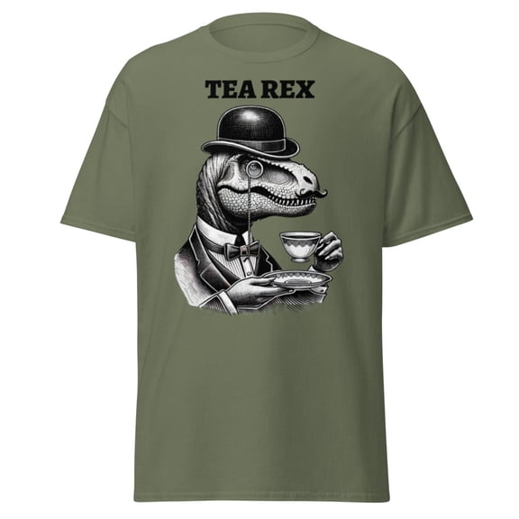 Wraptap Graphic Tees for Men and Women – Funny Tea Rex Graphic T-Shirt, Cool and Stylish Dinosaur-Themed Tees (Military Green, M)