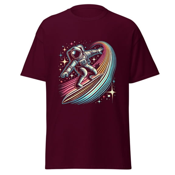 Wraptap Graphic Tees for Men and Women – Trendy Surfing the Universe Graphic T-Shirt, Cool and Stylish Space-Themed Tees (Maroon, S)