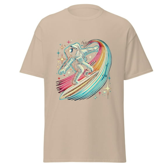Wraptap Graphic Tees for Men and Women – Trendy Surfing the Universe Graphic T-Shirt, Cool and Stylish Space-Themed Tees (Sand, XL)