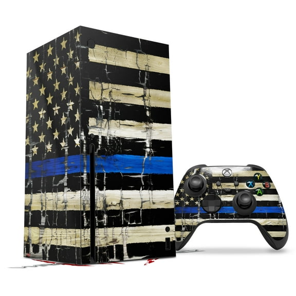 WraptorSkinz Skin Wrap compatible with the 2020 XBOX Series X Console and Controller Painted Faded Cracked Blue Line Stripe USA American Flag (XBOX NOT INCLUDED)