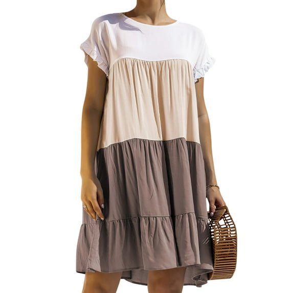 Wrcnote Ladies Pleated Color Matching Swing A-Line Sundress Casual Summer Ruffle Tunic Midi Dress Button T-Shirt Dresses