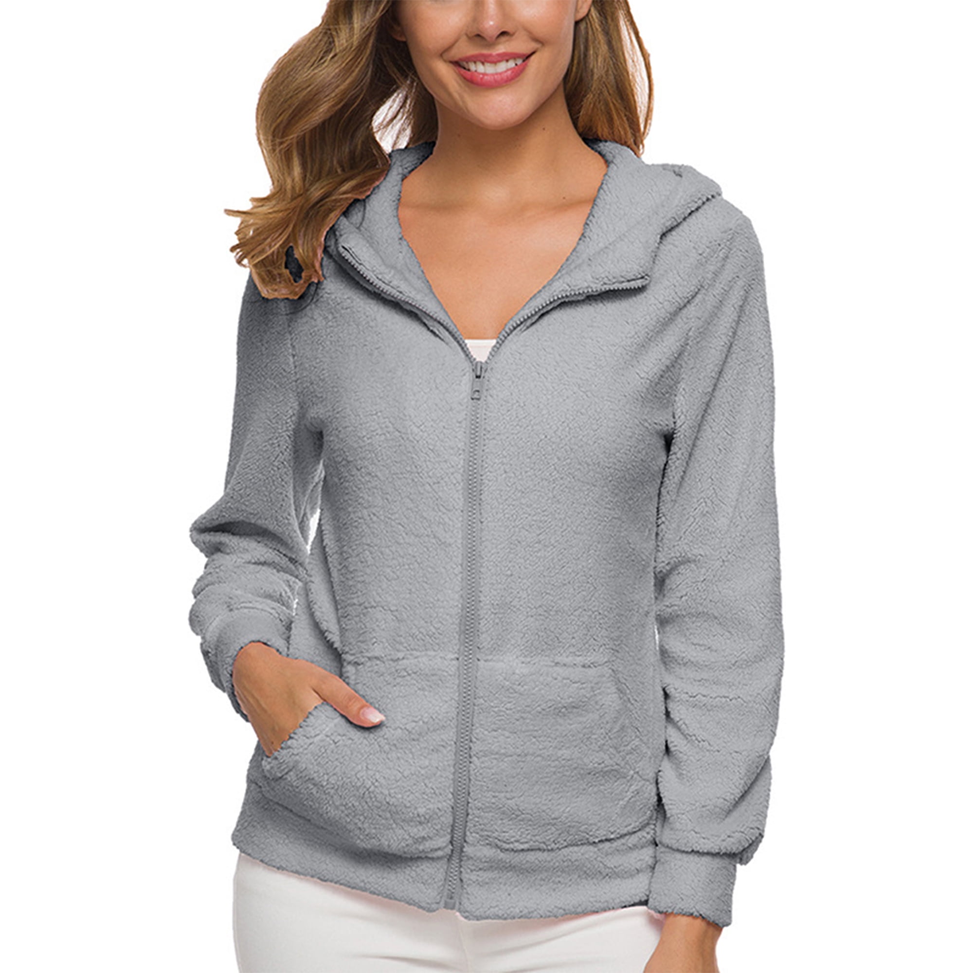 Wrcnote Ladies Warm Long Sleeve Hoodies Loose Fit Winter Sherpa Hoodie  Front Zip Sweatshirt with Pockets Light Grey 2XL - Walmart.com