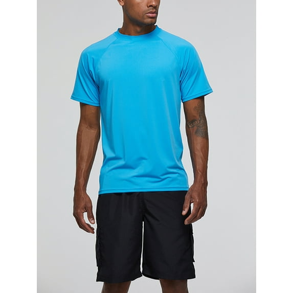 Wrcnote Men Beach Shirt Crew Neck Swim Tops UPF50+ Stretchy Swimwear Sun Protection Mens Quick Dry Color Block Loose Short Sleeve Sky Blue M