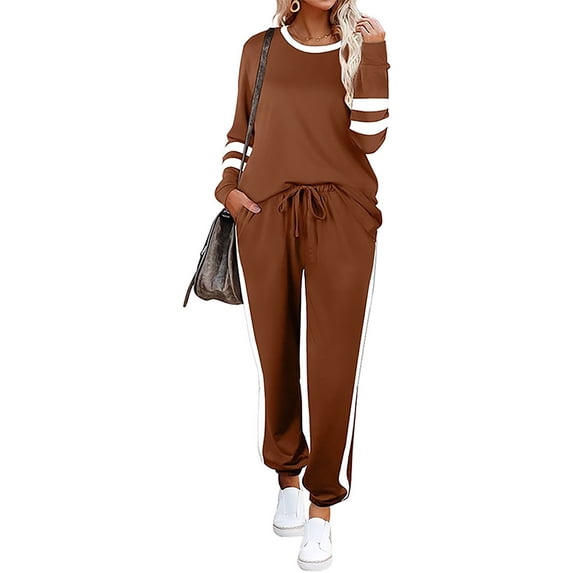 Wrcnote Women Striped Crew Neck Tops Sweatsuits Color Block Casual Long Sleeve T-shirt Lounge Sets Drawstring Pants Two Piece Outfit Brown M
