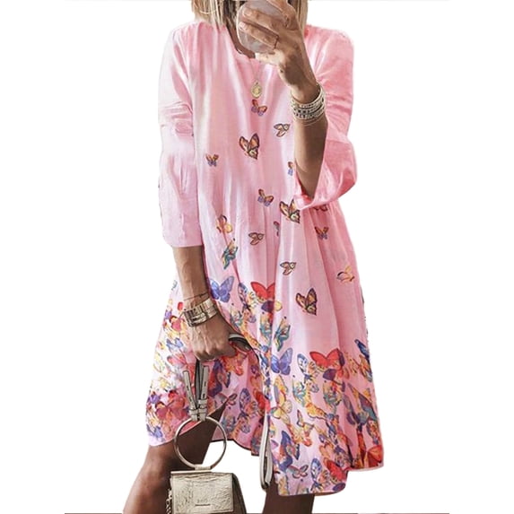 Wrcnote Women Sundress 3/4 Sleeve Short Mini Dresses Butterfly Print T Shirt Dress Boho Loose Crew Neck Pink XXL