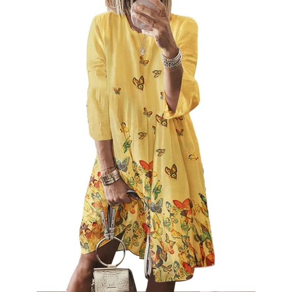Wrcnote Women Sundress 3/4 Sleeve Short Mini Dresses Butterfly Print T Shirt Dress Boho Loose Crew Neck Yellow 4XL