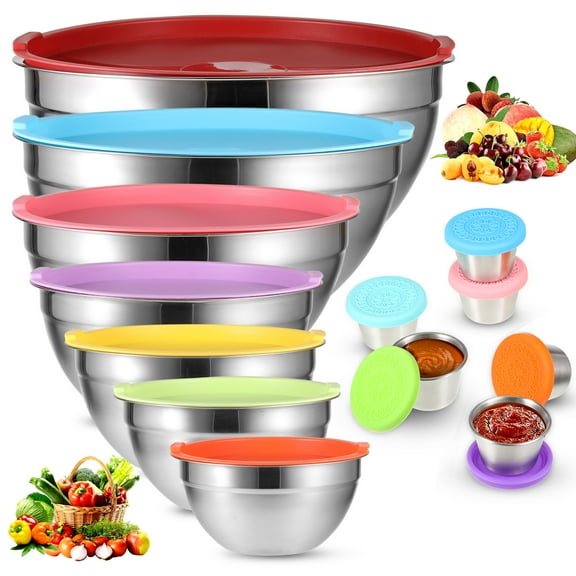 Wrea 7pcs Stainless Steel Mixing Bowls with Lids, with 6pcs Salad Dressing Container