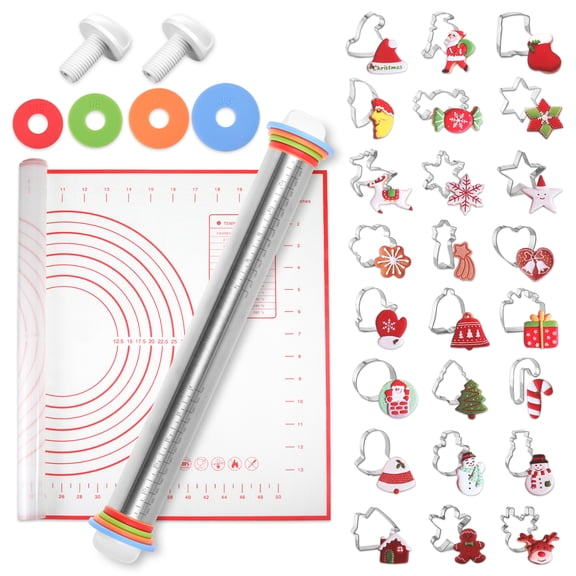 Wrea Stainless Steel Fun Cookie Cutters Sets of 24 with Rolling Pin and Silicone Baking Pastry Mat Set