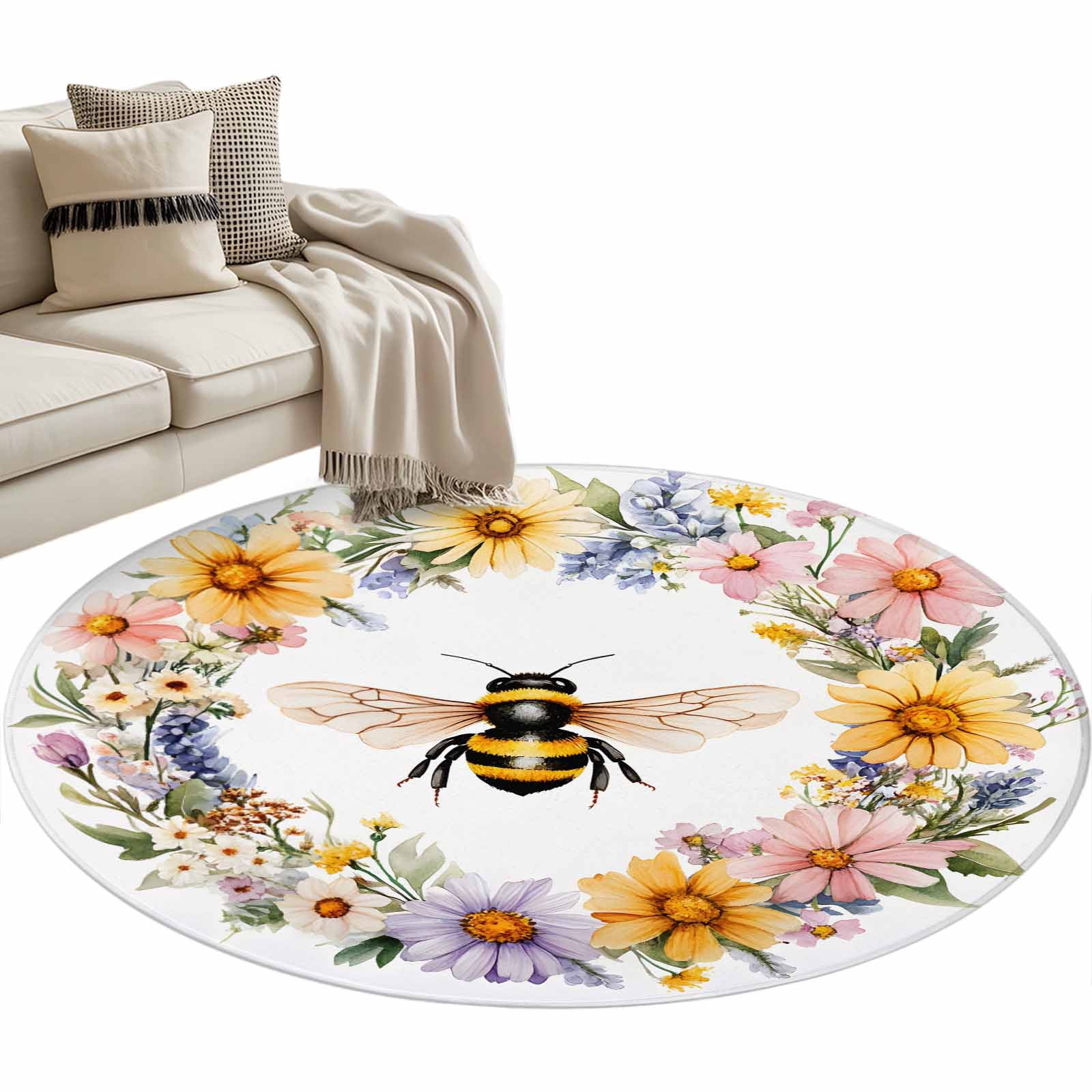 Wreath Bee Area Rug, Garland Flower Washable Large Circle Carpet, Non ...
