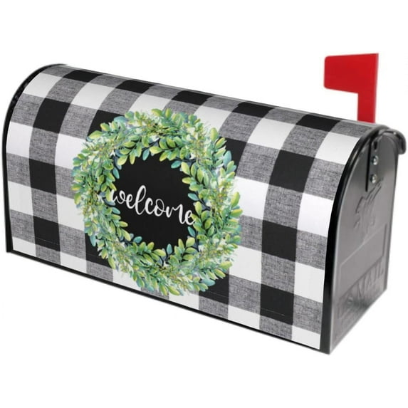 Wreath Buffalo Plaid Mailbox Cover Magnetic Black White Plaid and Leaves Mailbox Cover Standard Size 21 x 18 Inches Farmhouse Rustic Welcome Post Box Cover Wraps Garden Yard Home Decor for Outdoor