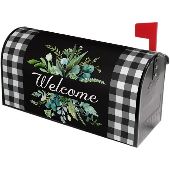 Wreath Buffalo Plaid Mailbox Covers Black White Plaid and Leaves Mailbox Cover Magnetic Welcome Mail Box Covers Garden Outdoor Decor Standard Size 21 x 18 Inchs