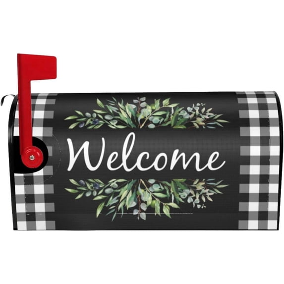 Wreath Buffalo Plaid Mailbox Covers, Welcome Magnetic Mailbox Cover, Plaid and Leaves Mail Box Covers for Garden Outdoor Decor 25.5x21 in Black White