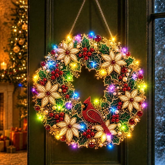 Wreath Christmas Pearl Diamond Painting Pendant Kits with LED String Lights,DIY Acrylic Christmas Diamond Art Hanging Kit for Adults,Christmas Ornaments for Home Party Wall Decor and Gift