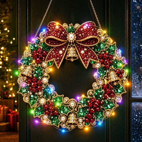 Wreath Christmas Pearl Diamond Painting Pendant Kits with LED String Lights,DIY Acrylic Christmas Diamond Art Hanging Kit for Adults,Christmas Ornaments for Home Party Wall Decor and Gift