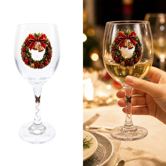 Wreath Christmas Wine Glass 12oz, Hand-painted Style Holiday Stemware with Vivid 2D Print, Xmas Party Table Decor & Hostess Gift