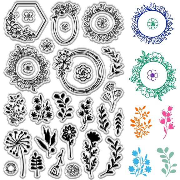 Wreath Clear Stamps Flowers Leaf Plant Reusable Postmark Transparent Silicone Stamp Seals for DIY Scrapbooking Film Frame Photo Album Decorative Journaling Card Making Decor for DIY