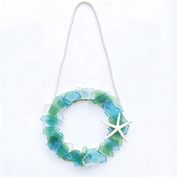 Wreath Coastal Decor Sea Glass and Shell Handmade Beach Wreath, Nautical Theme Wall Hanging for Door and Home, Blue Ocean Style Decoration for Bathroom Living Room and Porch