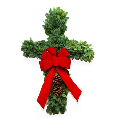 Noble Fir Wreaths Cross, Fresh Decorated 26-Inch Holiday Door Wreath with Pinecones & Bow